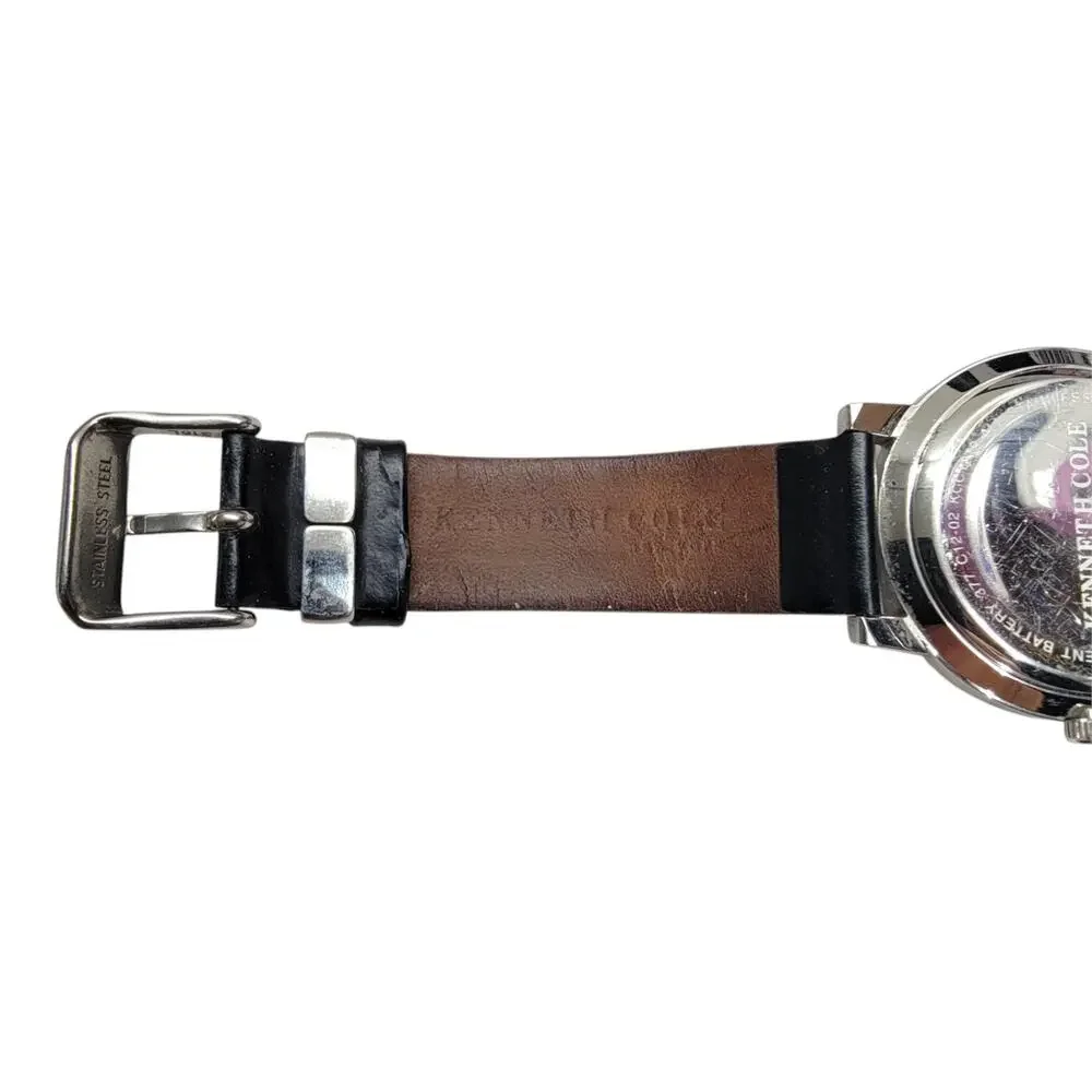 Kenneth Cole New York Mens Watch White Dial Date Black Leather Band Water 50M